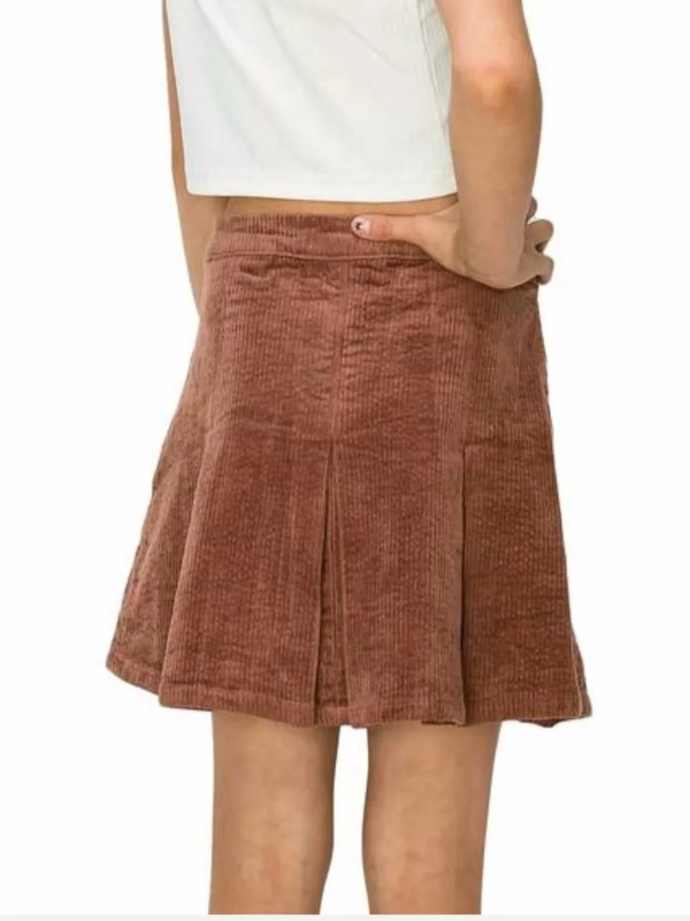 Tractr Corduroy Pleated Mini Skirt in Rust